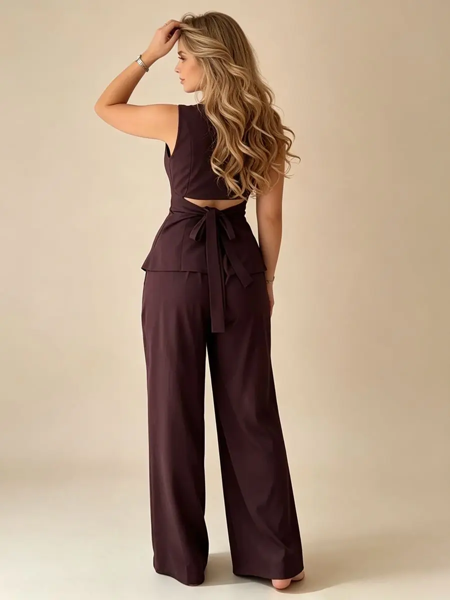 2026 Women Elegant Back Tie Sleeveless Peplum Top + Wide Leg Pants 2 Piece Casual Set