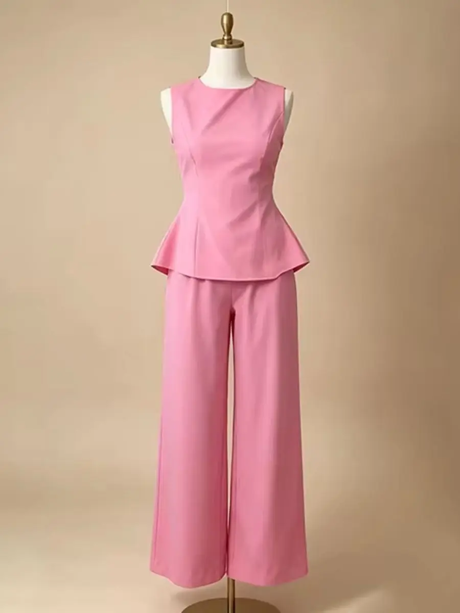 2026 Women Elegant Back Tie Sleeveless Peplum Top + Wide Leg Pants 2 Piece Casual Set