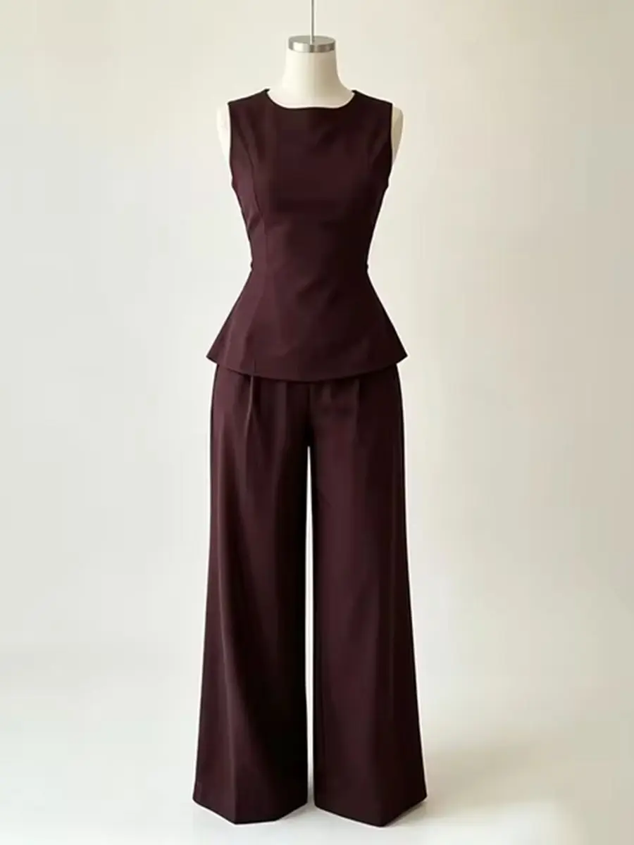 2026 Women Elegant Back Tie Sleeveless Peplum Top + Wide Leg Pants 2 Piece Casual Set