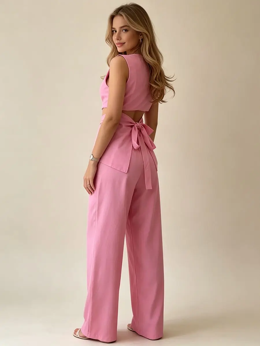 2026 Women Elegant Back Tie Sleeveless Peplum Top + Wide Leg Pants 2 Piece Casual Set