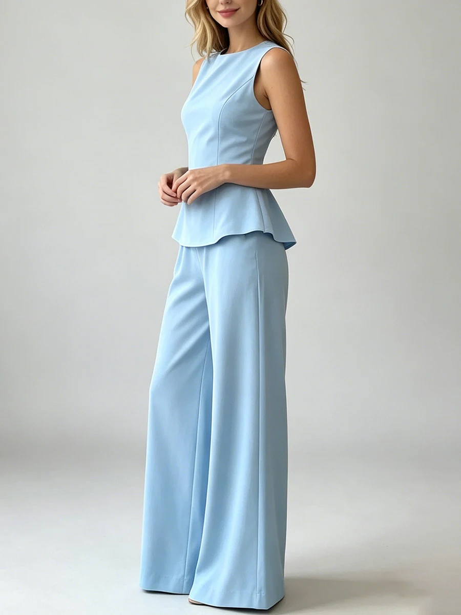 2026 Women Elegant Back Tie Sleeveless Peplum Top + Wide Leg Pants 2 Piece Casual Set