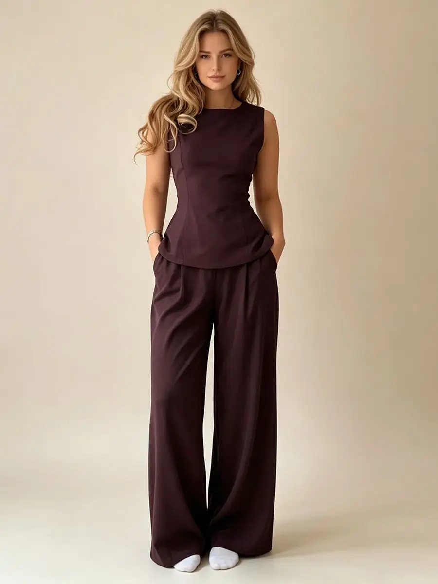 2026 Women Elegant Back Tie Sleeveless Peplum Top + Wide Leg Pants 2 Piece Casual Set