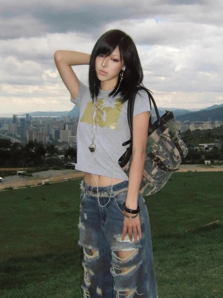 Tonngirls Y2k Japanese Print Bubble Letter Tee Short Sleeve T-shirt Women Aesthetic 2000s Vintage Crop Tops Streetwear Tshirts