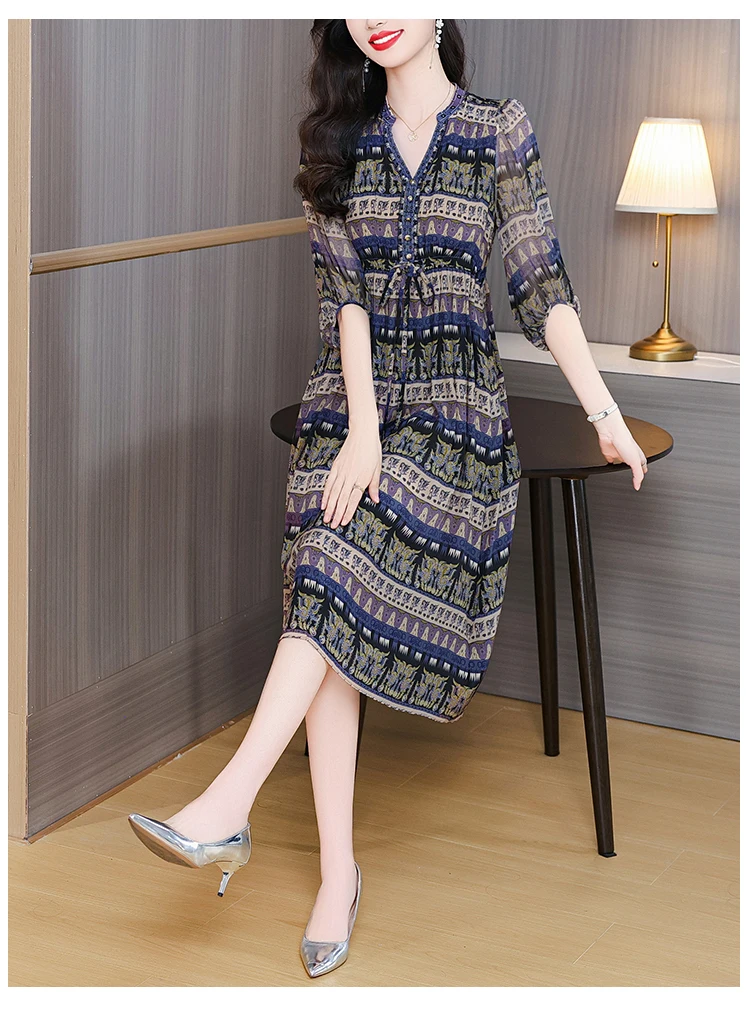 Boho Silk Chic Luxury Long Dress for Women Spring Summer Vintage Chiffon Hepburn Party Dress 2026 Elegant Casual Prom Clothes