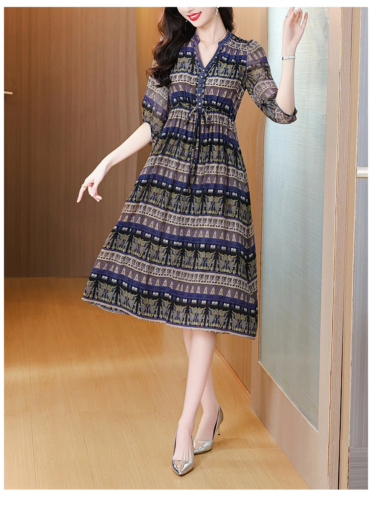Boho Silk Chic Luxury Long Dress for Women Spring Summer Vintage Chiffon Hepburn Party Dress 2026 Elegant Casual Prom Clothes