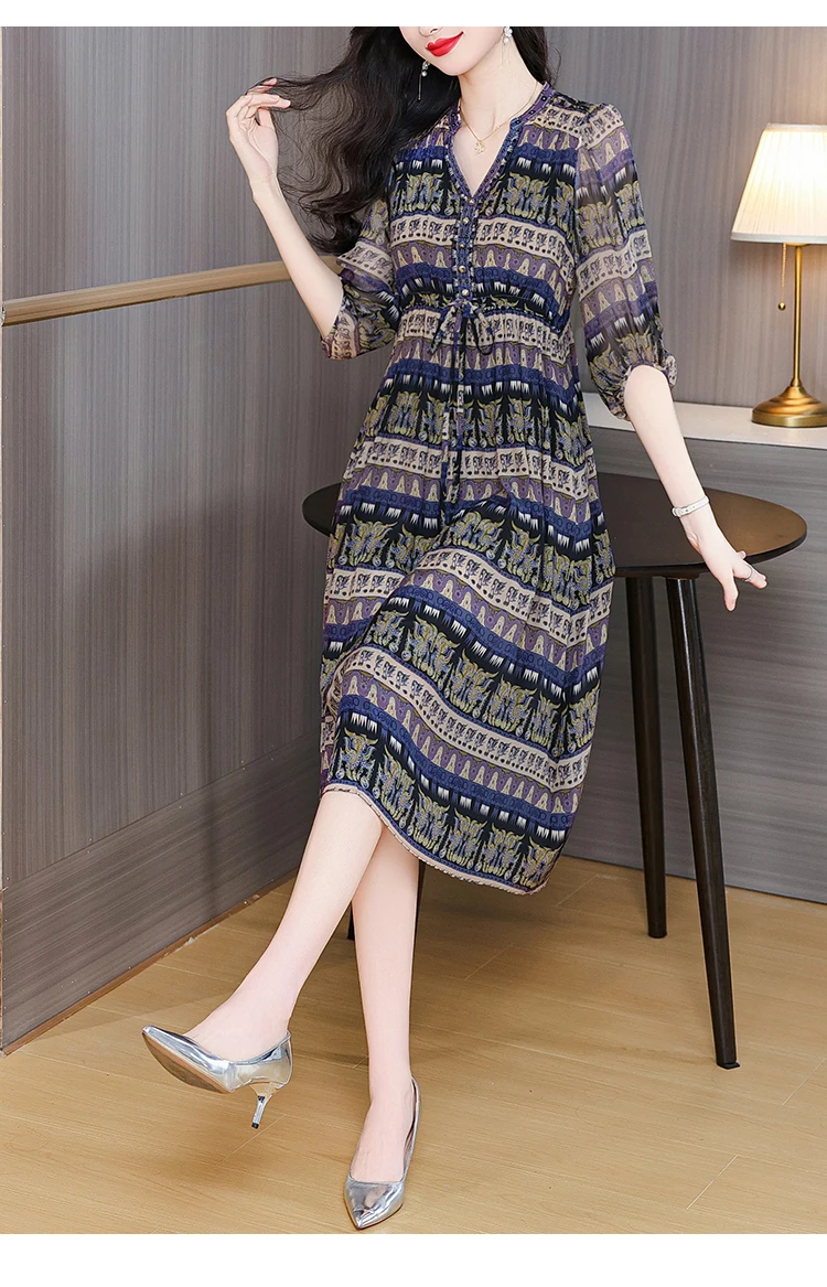 Boho Silk Chic Luxury Long Dress for Women Spring Summer Vintage Chiffon Hepburn Party Dress 2026 Elegant Casual Prom Clothes
