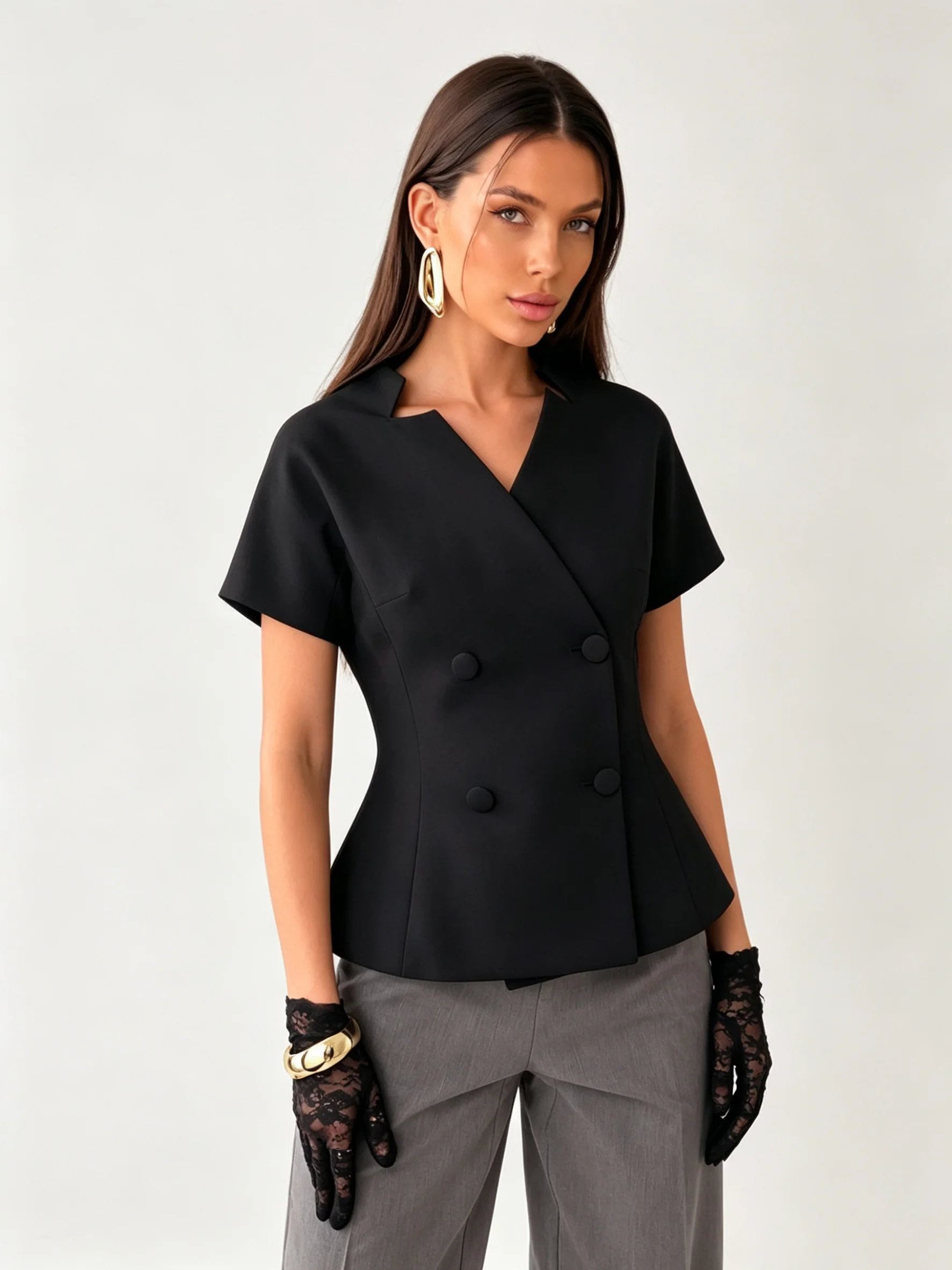 LIMO Black Peplum Blazer Women Short Sleeve Double Breasted V-Neck Office Tailored Top