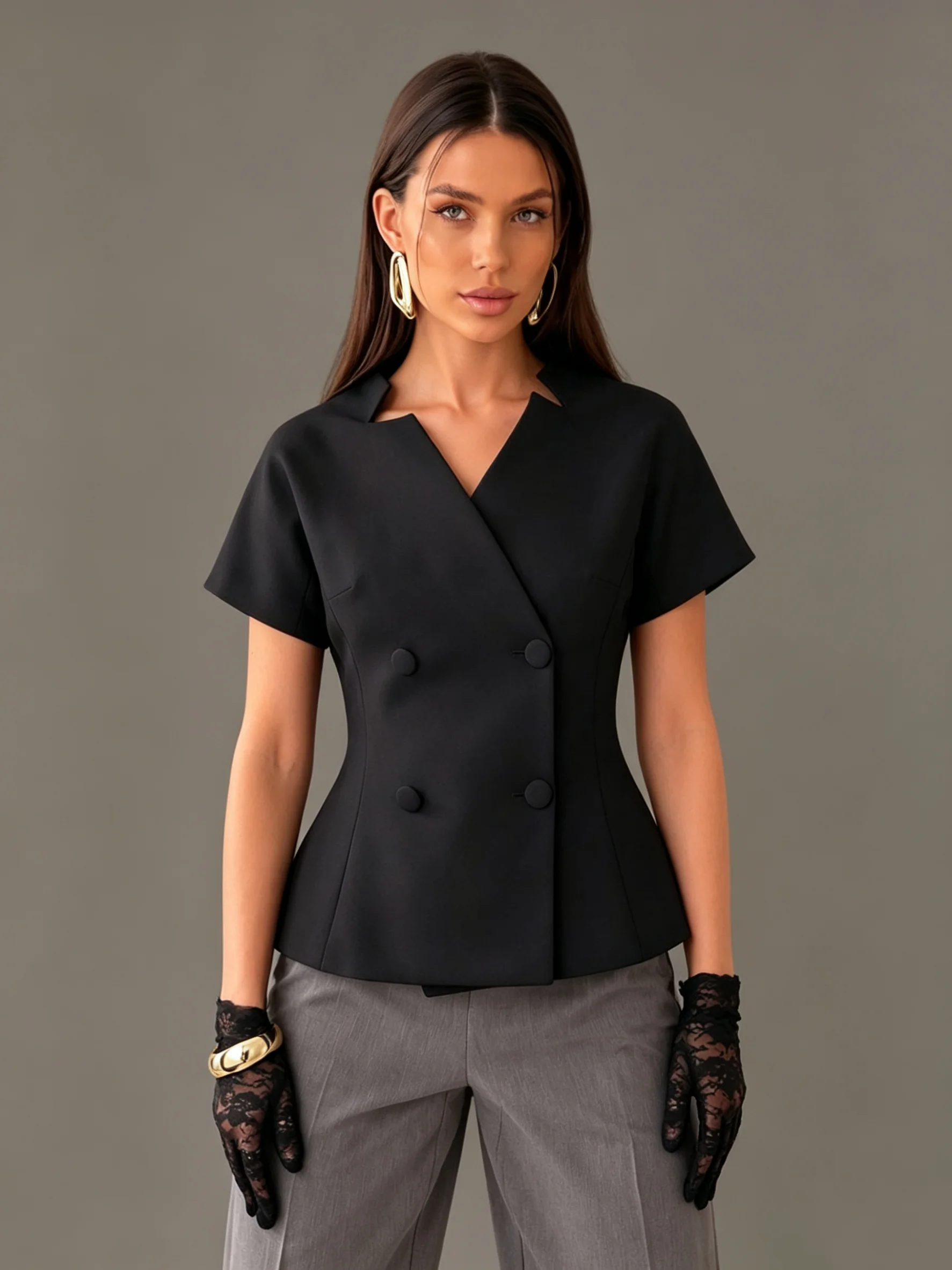 LIMO Black Peplum Blazer Women Short Sleeve Double Breasted V-Neck Office Tailored Top
