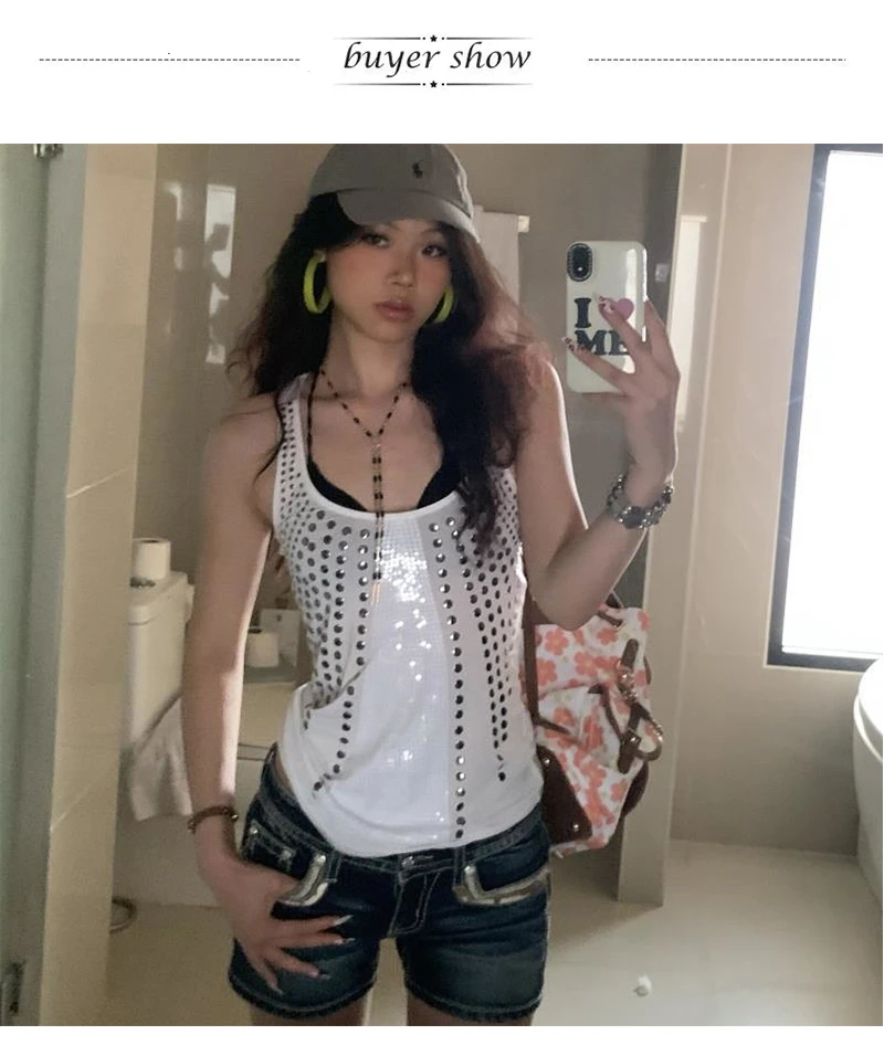 Karrram Japanese Y2k Sequin Tank Top Trashy 2000s Metal Print Tanktop Vintage Harajuku Sleeveless Top American Retro Streetwear