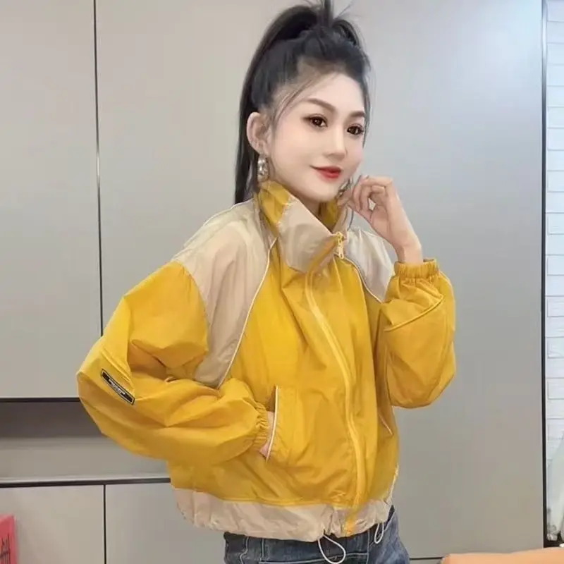 2026 Summer New Versatile Splicing Sunscreen Design Loose Clothes Women's Casual Contrasting Coat Thin Stand-Up Collar