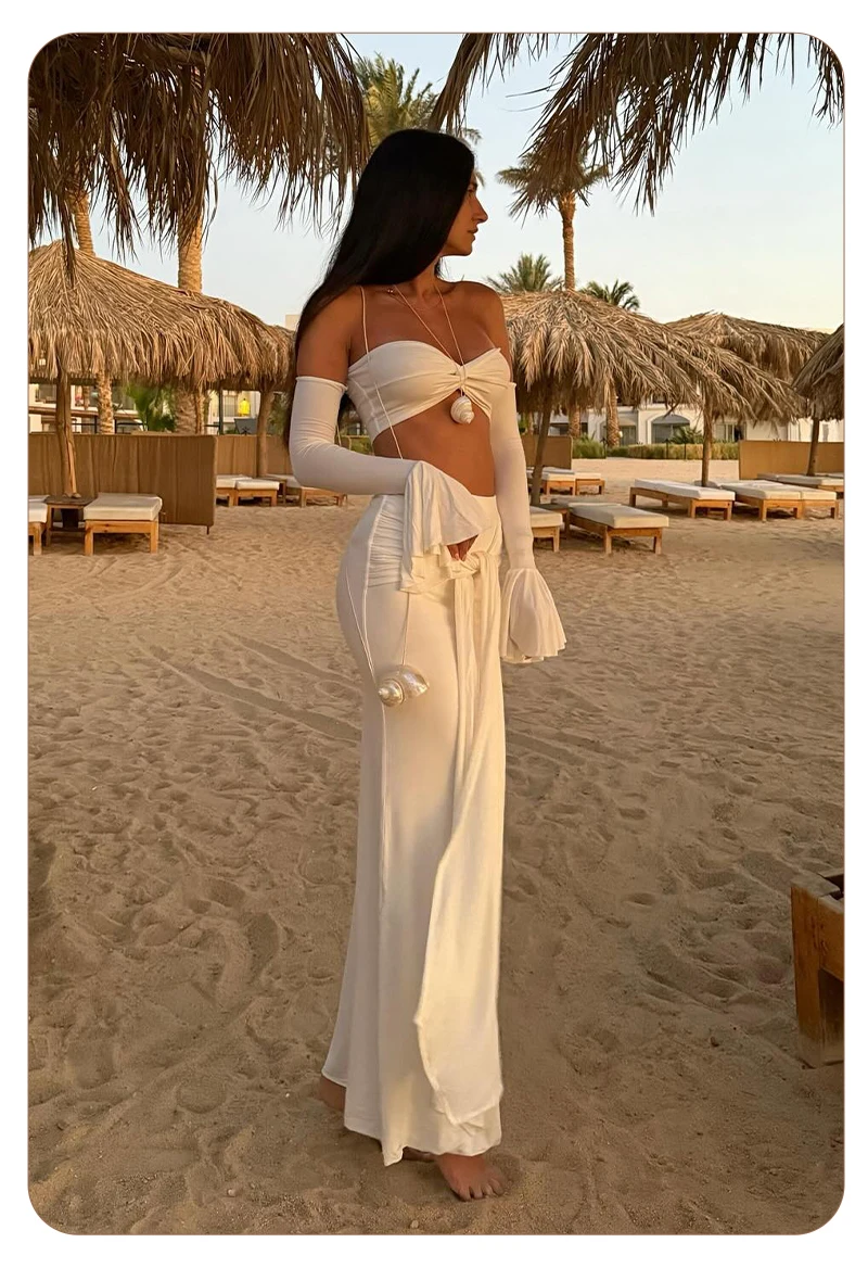 VC White Two-Piece Beach Outfit – Off-Shoulder Crop Top&High-Waist Maxi Skirt Set for Vacation&Resort Wear Y2K Ruched Dress Set