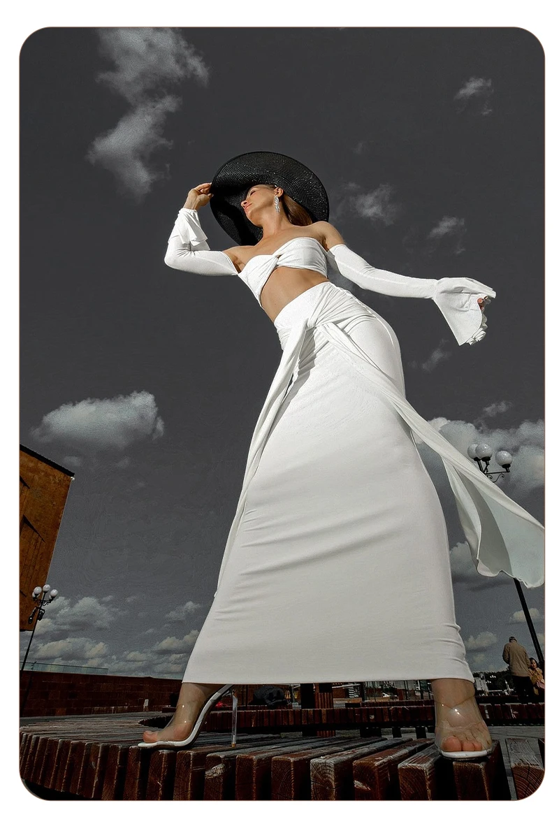 VC White Two-Piece Beach Outfit – Off-Shoulder Crop Top&High-Waist Maxi Skirt Set for Vacation&Resort Wear Y2K Ruched Dress Set