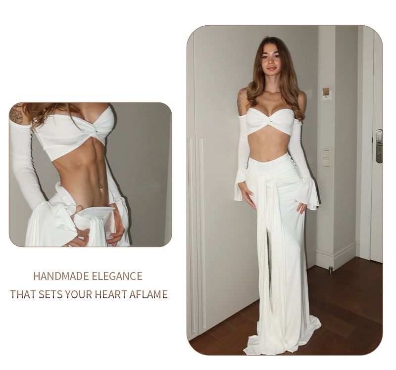 VC White Two-Piece Beach Outfit – Off-Shoulder Crop Top&High-Waist Maxi Skirt Set for Vacation&Resort Wear Y2K Ruched Dress Set