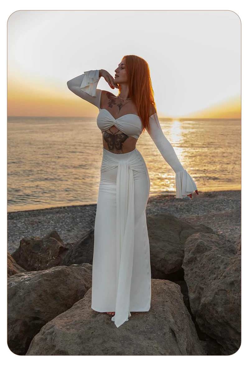 VC White Two-Piece Beach Outfit – Off-Shoulder Crop Top&High-Waist Maxi Skirt Set for Vacation&Resort Wear Y2K Ruched Dress Set