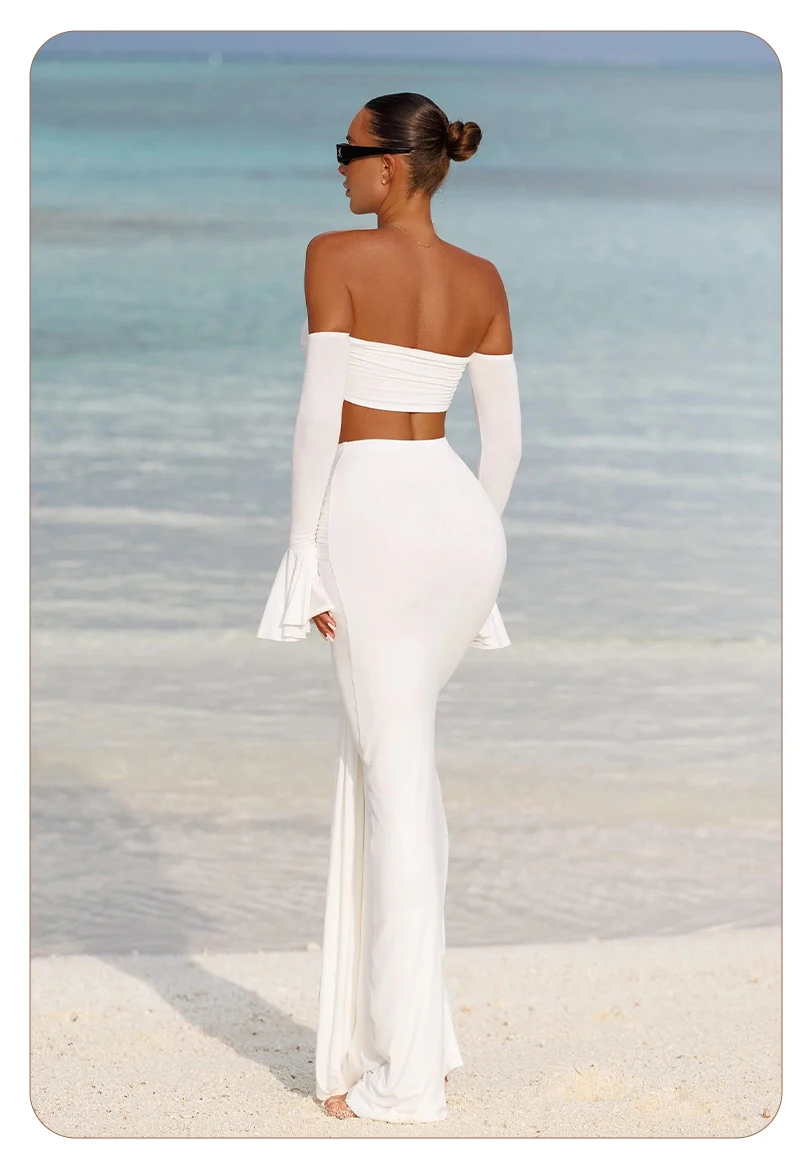 VC White Two-Piece Beach Outfit – Off-Shoulder Crop Top&High-Waist Maxi Skirt Set for Vacation&Resort Wear Y2K Ruched Dress Set