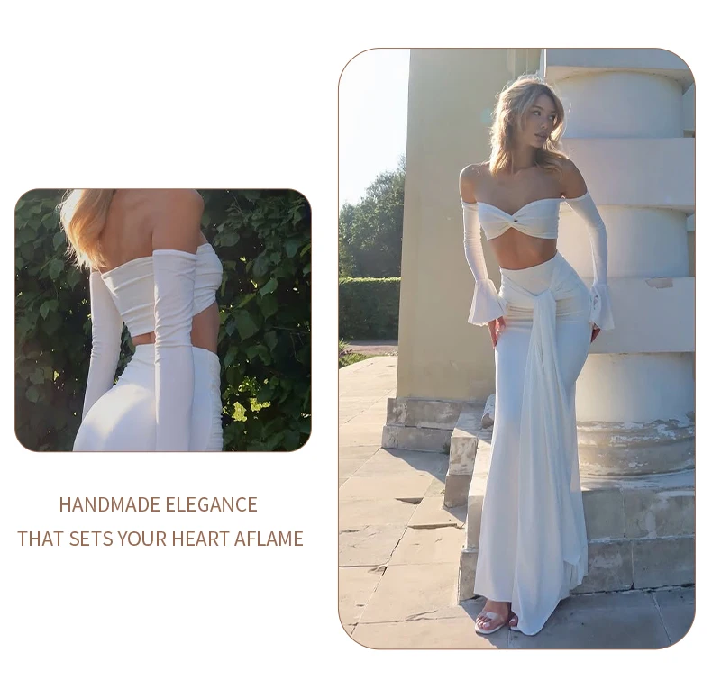 VC White Two-Piece Beach Outfit – Off-Shoulder Crop Top&High-Waist Maxi Skirt Set for Vacation&Resort Wear Y2K Ruched Dress Set