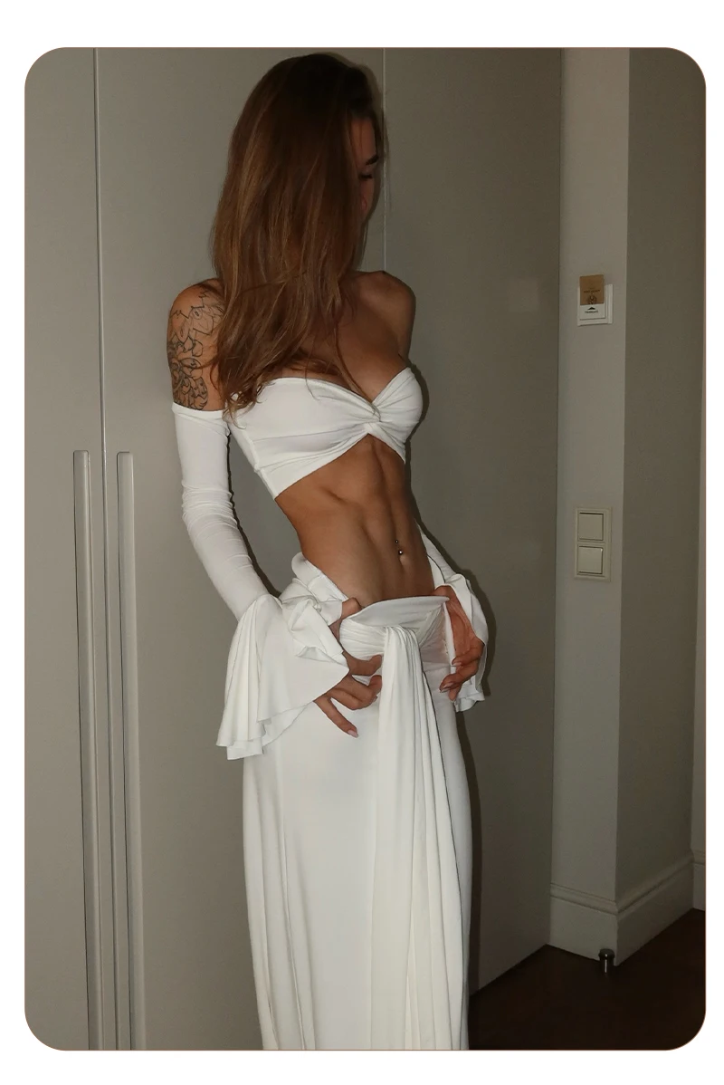 VC White Two-Piece Beach Outfit – Off-Shoulder Crop Top&High-Waist Maxi Skirt Set for Vacation&Resort Wear Y2K Ruched Dress Set