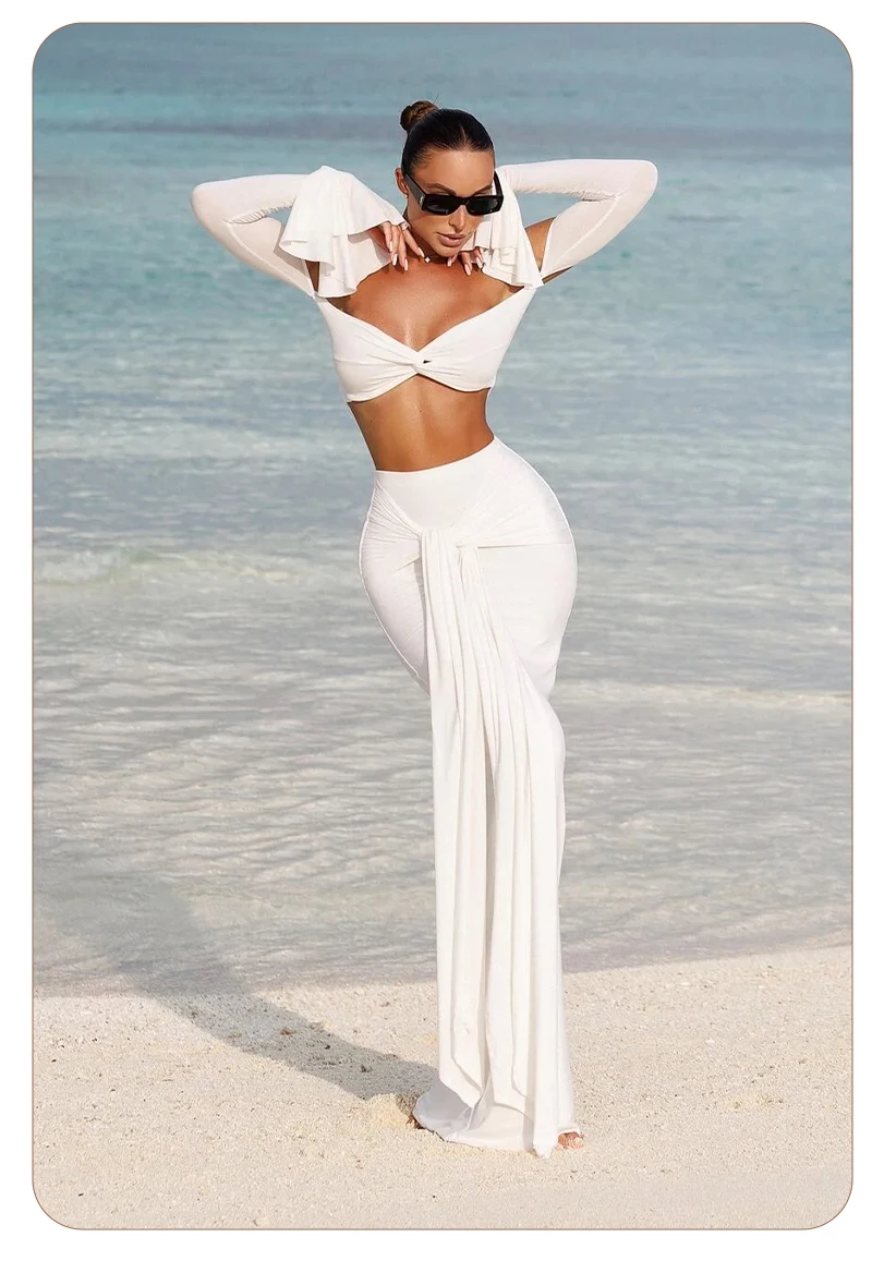 VC White Two-Piece Beach Outfit – Off-Shoulder Crop Top&High-Waist Maxi Skirt Set for Vacation&Resort Wear Y2K Ruched Dress Set