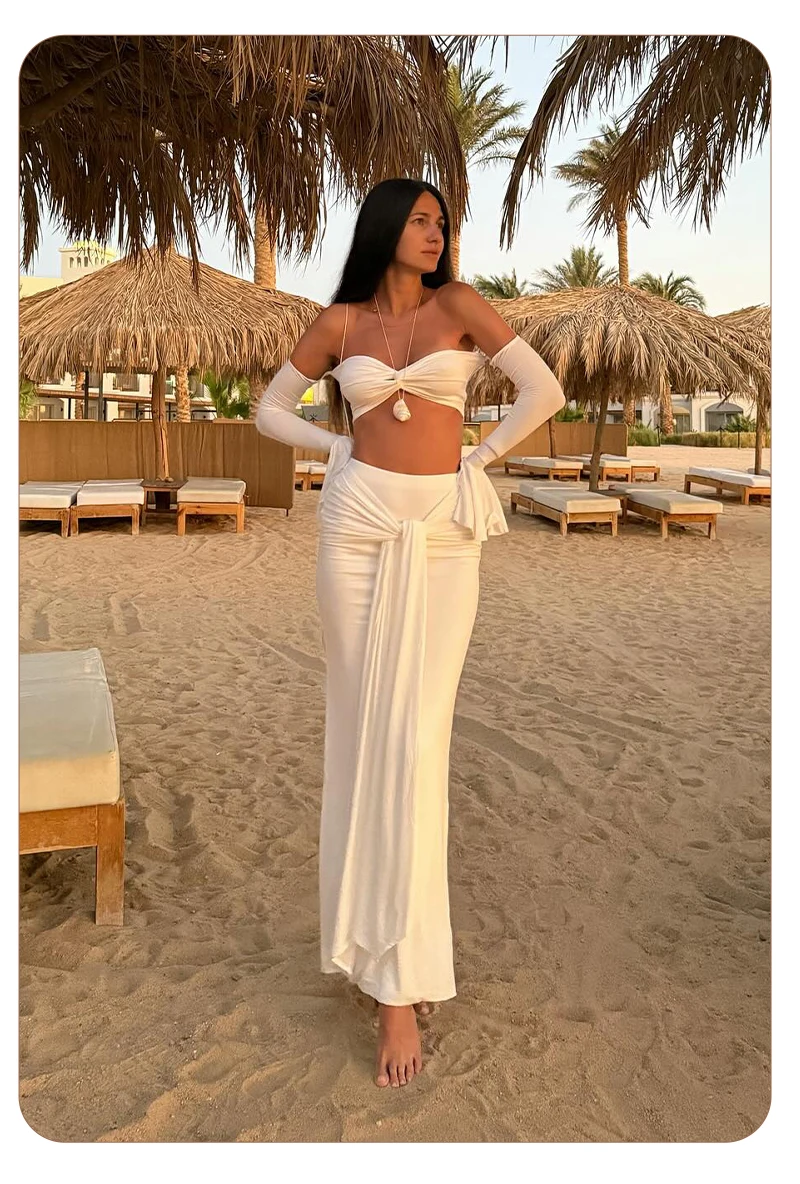 VC White Two-Piece Beach Outfit – Off-Shoulder Crop Top&High-Waist Maxi Skirt Set for Vacation&Resort Wear Y2K Ruched Dress Set