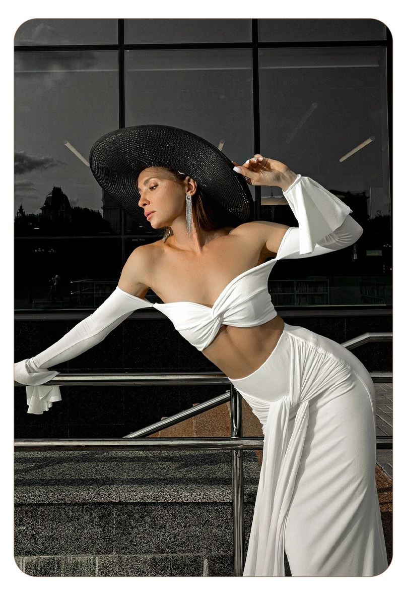VC White Two-Piece Beach Outfit – Off-Shoulder Crop Top&High-Waist Maxi Skirt Set for Vacation&Resort Wear Y2K Ruched Dress Set