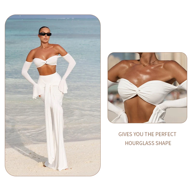 VC White Two-Piece Beach Outfit – Off-Shoulder Crop Top&High-Waist Maxi Skirt Set for Vacation&Resort Wear Y2K Ruched Dress Set
