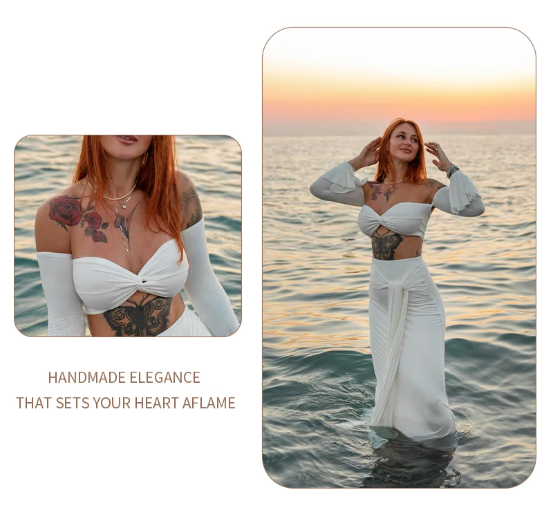VC White Two-Piece Beach Outfit – Off-Shoulder Crop Top&High-Waist Maxi Skirt Set for Vacation&Resort Wear Y2K Ruched Dress Set