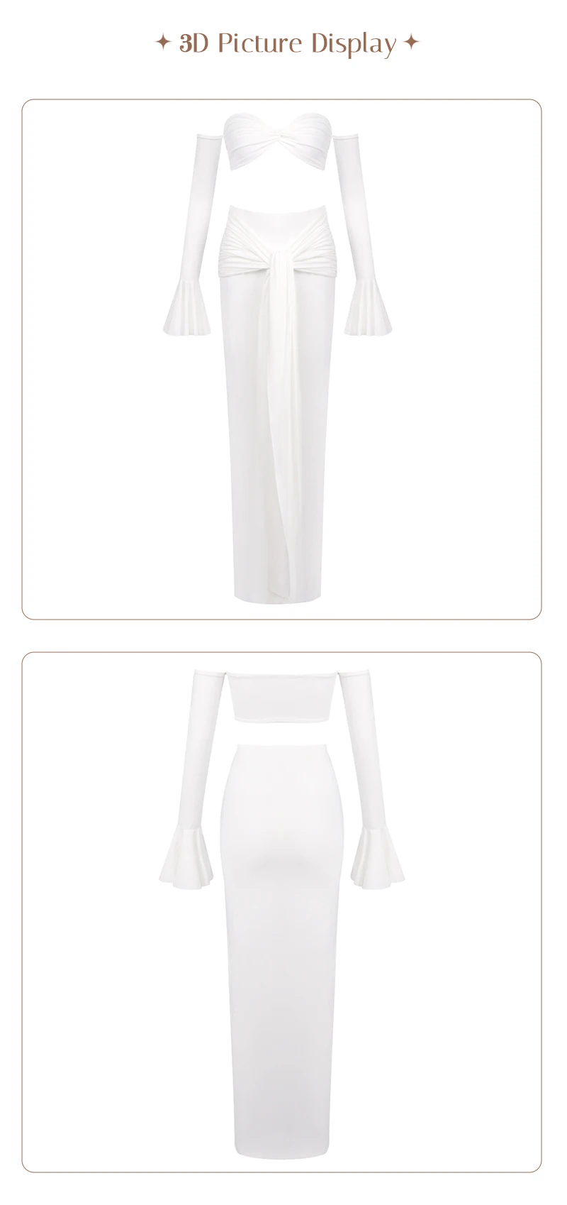 VC White Two-Piece Beach Outfit – Off-Shoulder Crop Top&High-Waist Maxi Skirt Set for Vacation&Resort Wear Y2K Ruched Dress Set