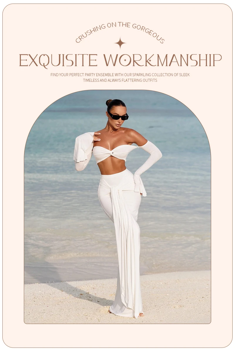 VC White Two-Piece Beach Outfit – Off-Shoulder Crop Top&High-Waist Maxi Skirt Set for Vacation&Resort Wear Y2K Ruched Dress Set