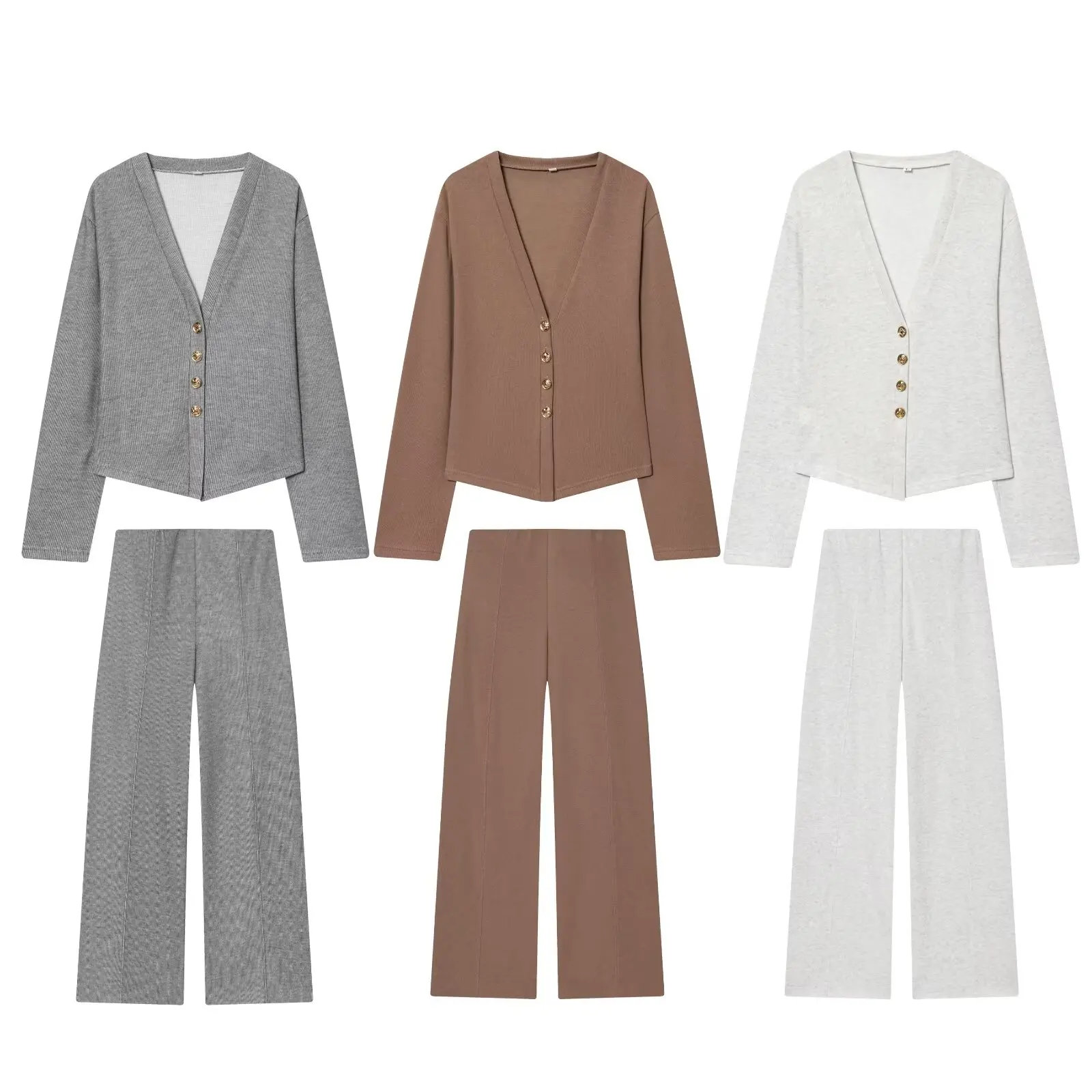 HH Autumn Women Fashion V-Neck Long Sleeve Single-breasted Soft Coat+High Waist Elastic Slim Wide-leg Pants Solid 2-Piece Set