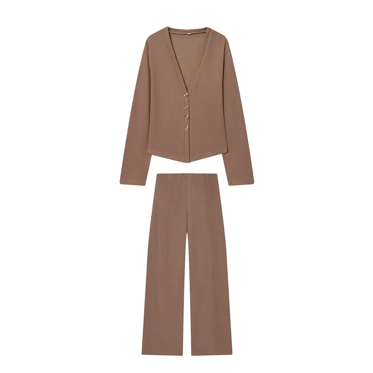 HH Autumn Women Fashion V-Neck Long Sleeve Single-breasted Soft Coat+High Waist Elastic Slim Wide-leg Pants Solid 2-Piece Set