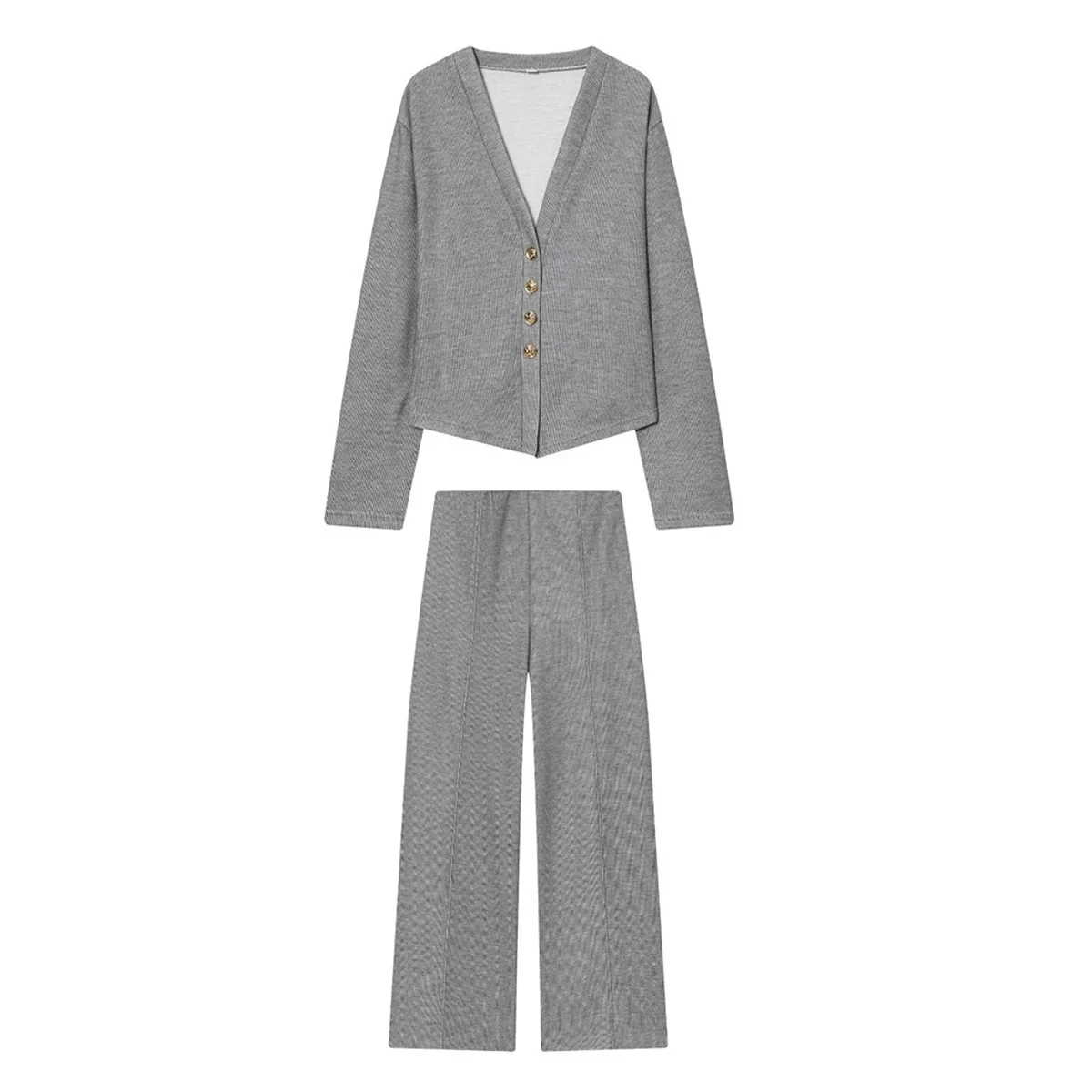 HH Autumn Women Fashion V-Neck Long Sleeve Single-breasted Soft Coat+High Waist Elastic Slim Wide-leg Pants Solid 2-Piece Set