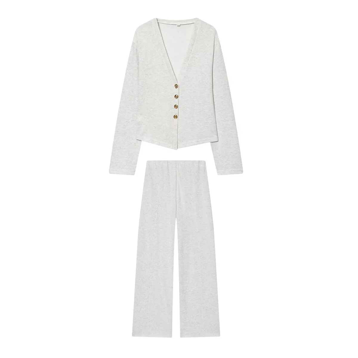 HH Autumn Women Fashion V-Neck Long Sleeve Single-breasted Soft Coat+High Waist Elastic Slim Wide-leg Pants Solid 2-Piece Set