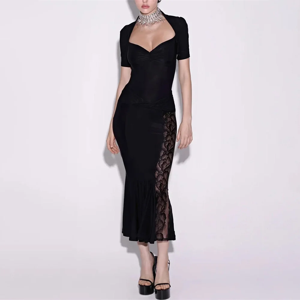 Tossy Sexy Lace 2 Piece-Set Long Skirt For Women Hollow Out Slim Cropped Top And High Waist Patchwork Long Skirt Outfits Female