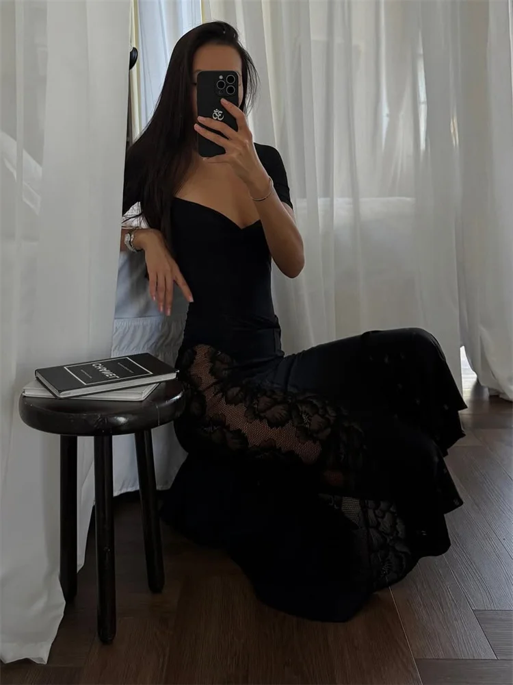 Tossy Sexy Lace 2 Piece-Set Long Skirt For Women Hollow Out Slim Cropped Top And High Waist Patchwork Long Skirt Outfits Female