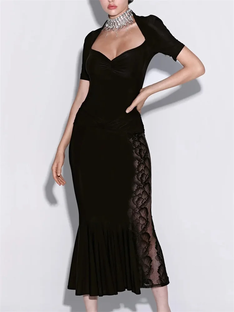 Tossy Sexy Lace 2 Piece-Set Long Skirt For Women Hollow Out Slim Cropped Top And High Waist Patchwork Long Skirt Outfits Female