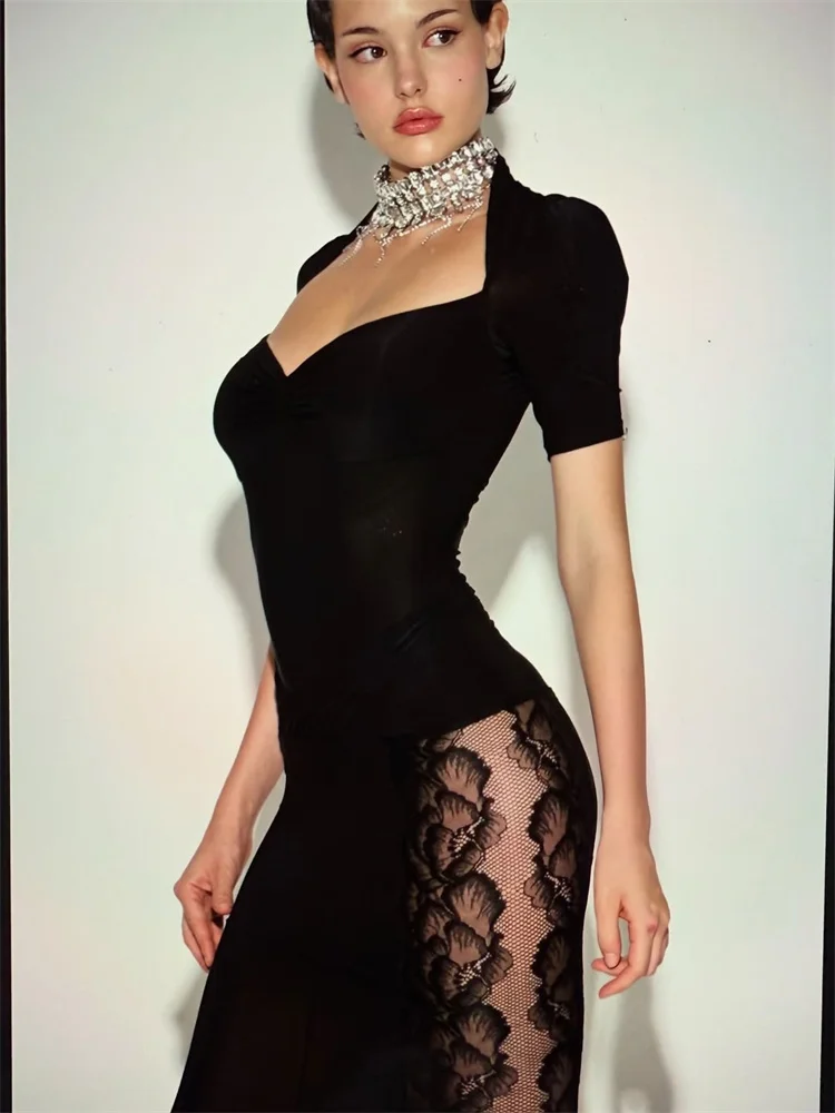 Tossy Sexy Lace 2 Piece-Set Long Skirt For Women Hollow Out Slim Cropped Top And High Waist Patchwork Long Skirt Outfits Female