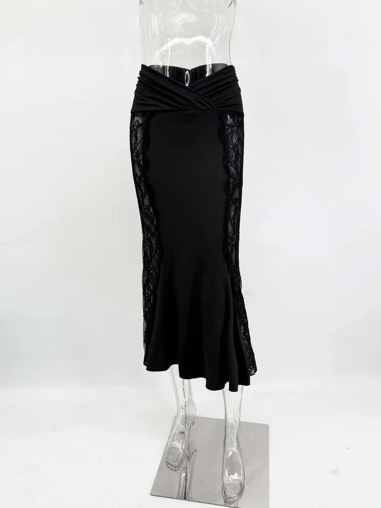 Tossy Sexy Lace 2 Piece-Set Long Skirt For Women Hollow Out Slim Cropped Top And High Waist Patchwork Long Skirt Outfits Female