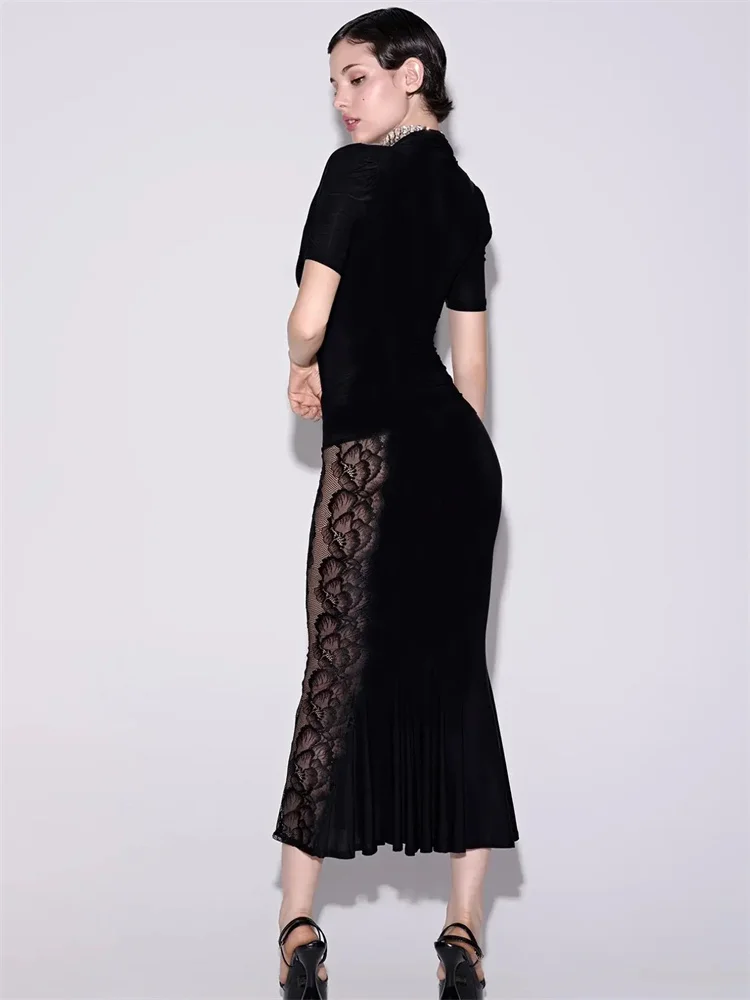 Tossy Sexy Lace 2 Piece-Set Long Skirt For Women Hollow Out Slim Cropped Top And High Waist Patchwork Long Skirt Outfits Female