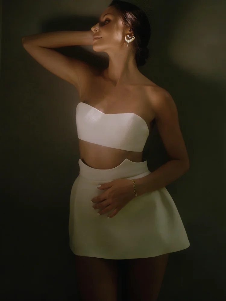Sexy Strapless Crop Top Mini Skirt Set Chic Sweetheart Neck Off Shoulder Slim Fit Vest Curved Waist Skirt Suit Party Club Outfit