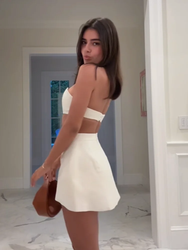 Sexy Strapless Crop Top Mini Skirt Set Chic Sweetheart Neck Off Shoulder Slim Fit Vest Curved Waist Skirt Suit Party Club Outfit