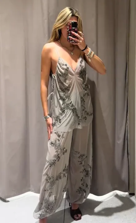 French Relaxed Set Chiffon Vintage Elegant Top Wide Leg Pants Women Sheer Beach Chic Female Stylish Vacation Summer Wear