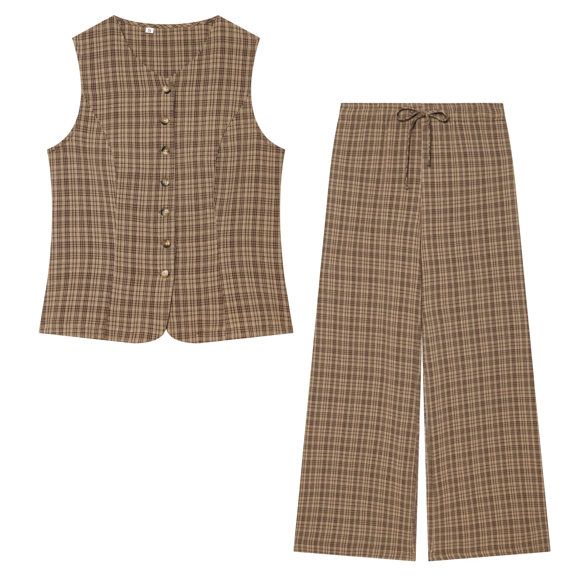 Vintage Plaid 2 Piece Set Women Casual Single Breasted Vest Top and Drawstring Wide Leg Pants Suits Elegant Female Match Sets
