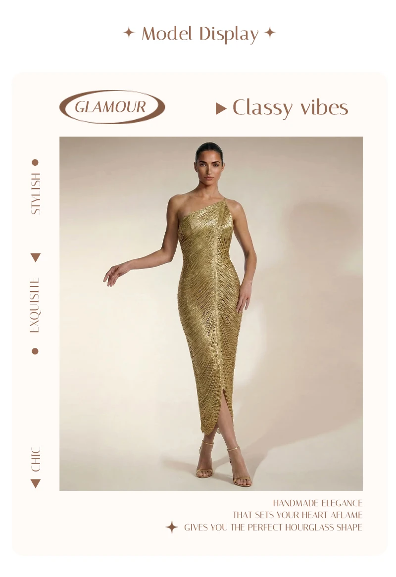 2026 Gold One Shoulder Ruched Maxi Dress Shimmering Metallic Bodycon Midi Gown with Front Slit for Formal Gala платье женское