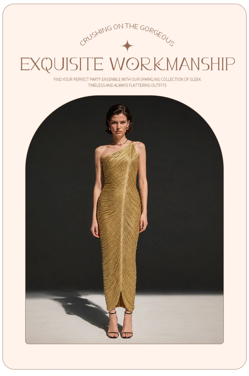 2026 Gold One Shoulder Ruched Maxi Dress Shimmering Metallic Bodycon Midi Gown with Front Slit for Formal Gala платье женское