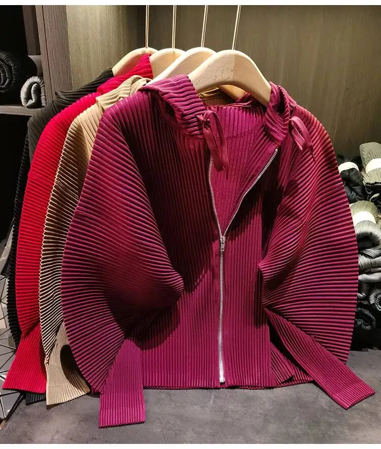 Drawstring Spring New Hooded Pleated Zipper Women's Sweatshirts Loose Elegant Simple High Quality Cardigan Coat 245YG