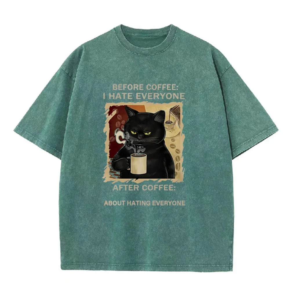 Cats Love To Drink Coffee Print Men Washed T-Shirt Casual Loose T Shirts Summer Cotton Streetwear Soft Breathable Short Sleeve