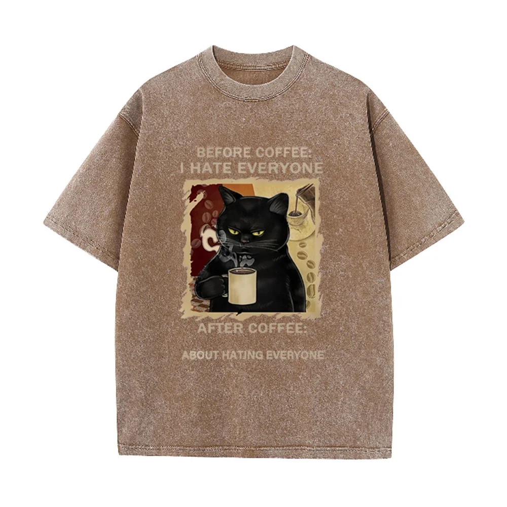 Cats Love To Drink Coffee Print Men Washed T-Shirt Casual Loose T Shirts Summer Cotton Streetwear Soft Breathable Short Sleeve