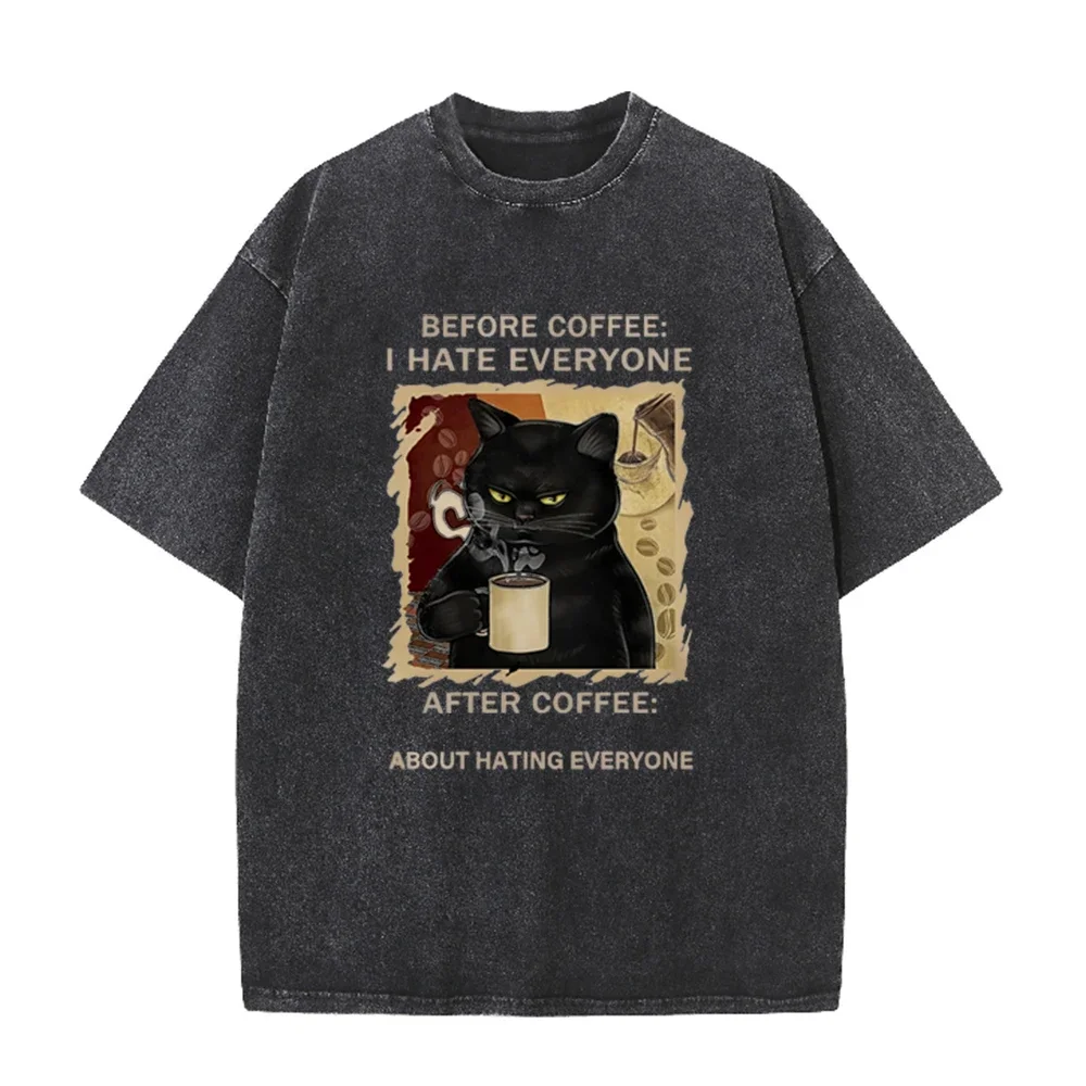 Cats Love To Drink Coffee Print Men Washed T-Shirt Casual Loose T Shirts Summer Cotton Streetwear Soft Breathable Short Sleeve