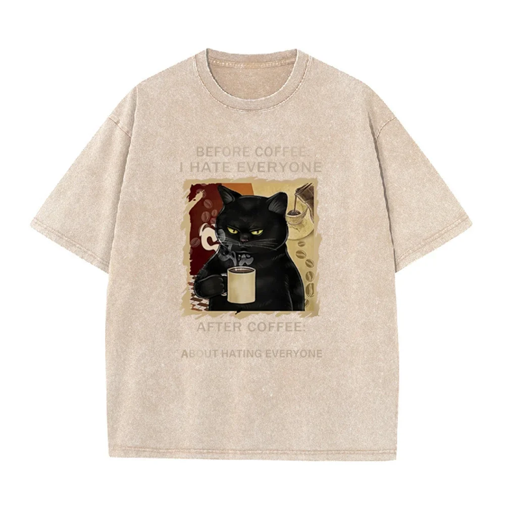 Cats Love To Drink Coffee Print Men Washed T-Shirt Casual Loose T Shirts Summer Cotton Streetwear Soft Breathable Short Sleeve