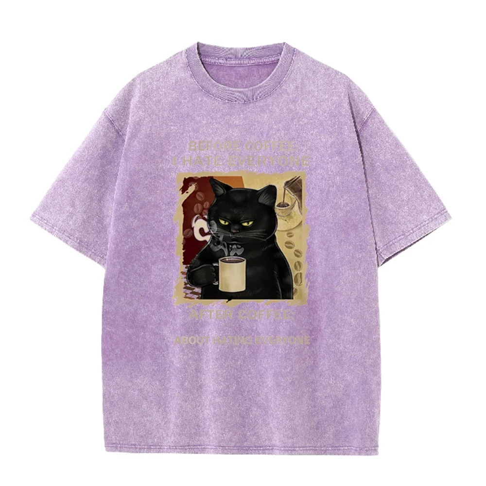 Cats Love To Drink Coffee Print Men Washed T-Shirt Casual Loose T Shirts Summer Cotton Streetwear Soft Breathable Short Sleeve